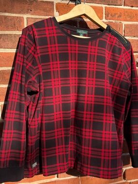 Ralph Lauren Sz 3X Plaid Top ❤️ Red Black Tartan w/ Elbow Patches & Zip Shoulder